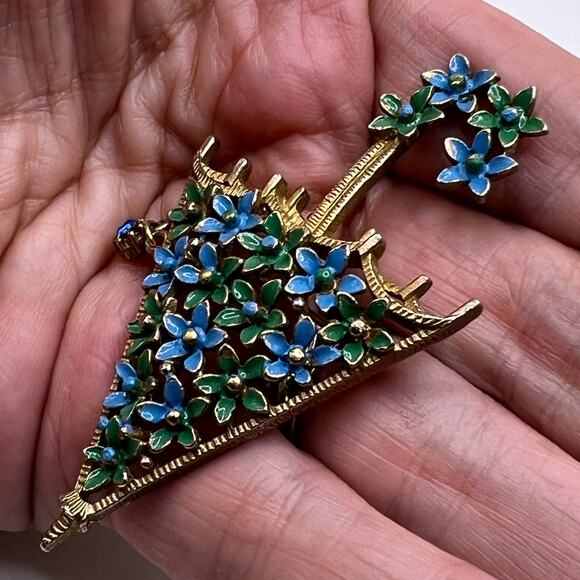 LISNER Vintage Floral Umbrella PARASOL Brooch Blue Green Enamel Gold Tone - Picture 7 of 9